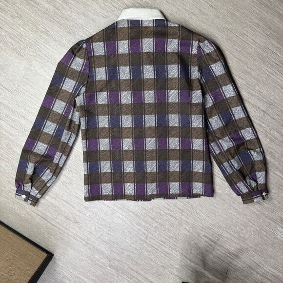 Vintage Women's Russ Petites 80s Button Up Preppy Plaid Purple M Long Sleeve - Picture 2 of 7
